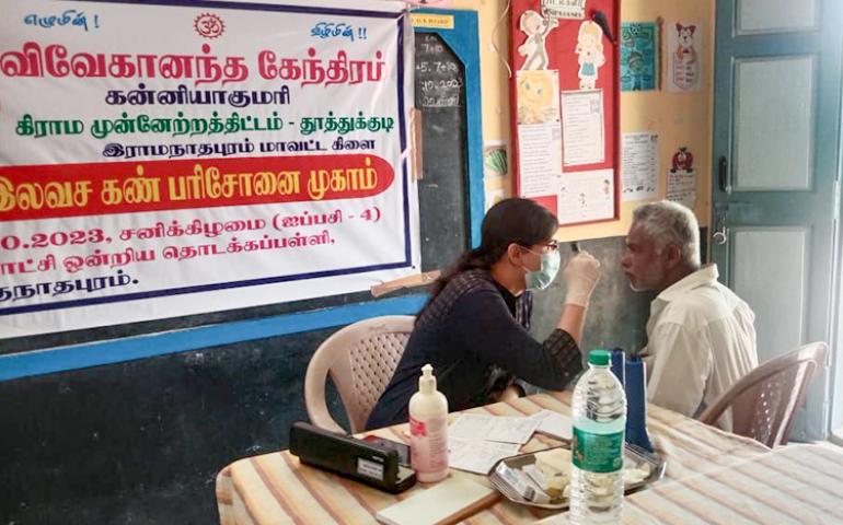 Patient undergoing eye check-up in Free Eye Check-up Camp at Raghunathapuram
