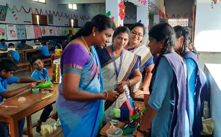 The Chief Guest visiting the Science and Arts Exhibition at VKV Kanyakumari