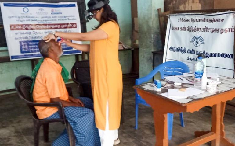 Patient undergoing eye check-up in Free Eye Check-up Camp at Sankarankovil