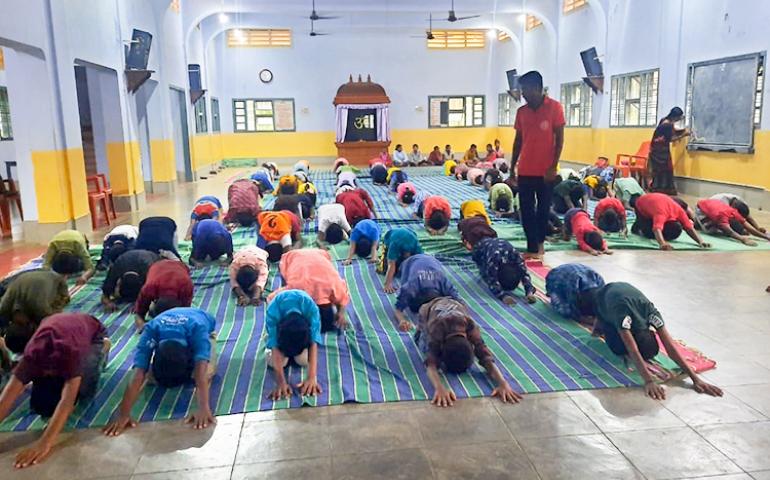 Yoga session at Personality Development Camp at Kanyakumari