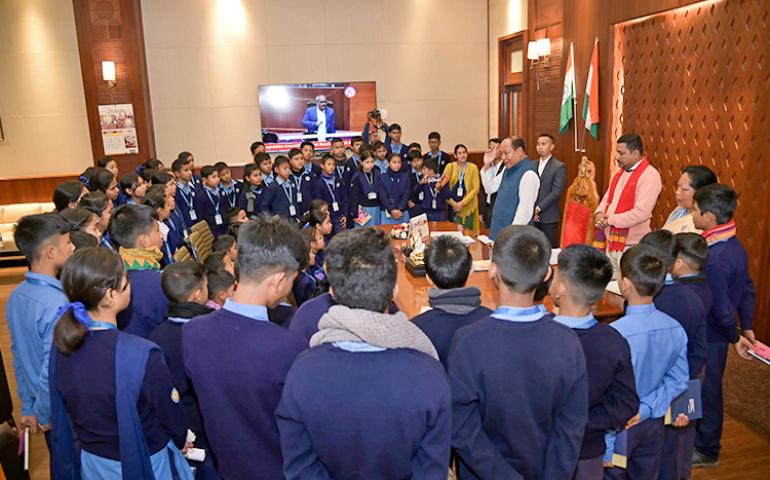 Honourable Speaker Sri Biswajit Daimary Ji interacting with VKV Suklai students