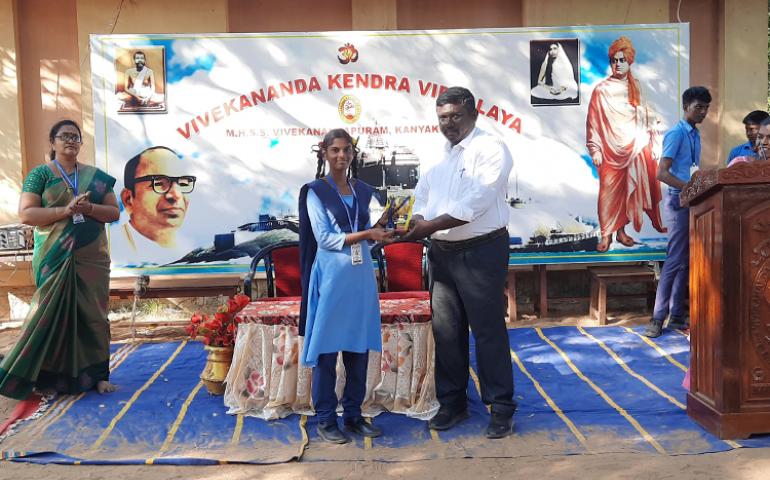 The Chief Guest honouring the winners during sports day at VKV Kanyakuamri