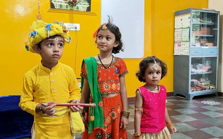 Children dressed up as Krishna and Radha during Sri Krishna Janmashtami Celebration at Hebbal